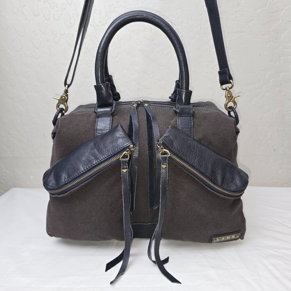 L.A.M.B Gwen Steffani Gray Canvas & Black Leather Crossbody Pocket Satchel